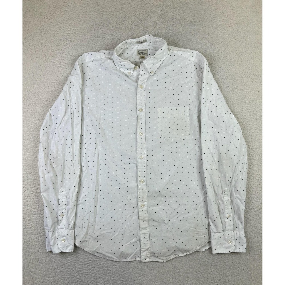 J‎ Crew Shirt Mens Large White Navy Polka Dot Slim Fit Stretch Organic Cotton